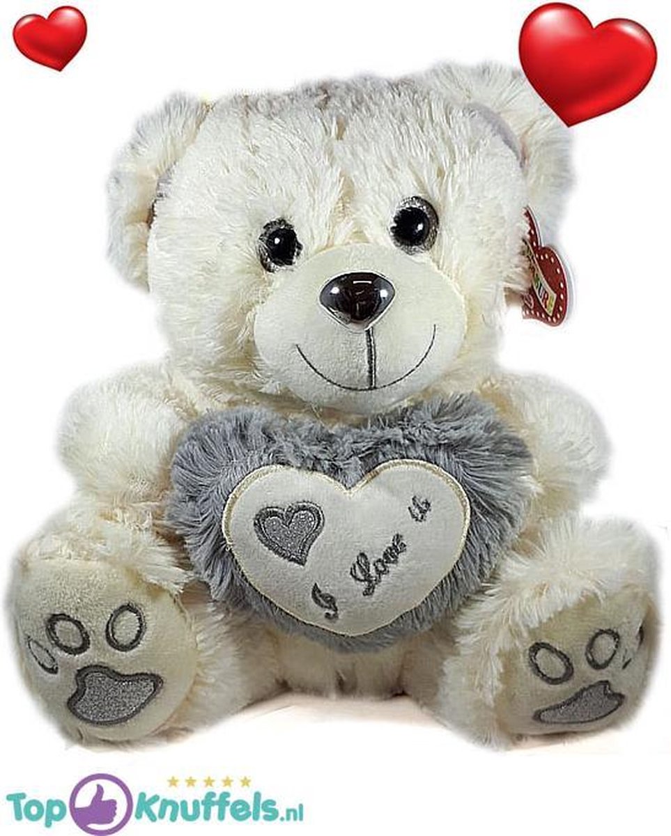 Teddybeer wit met wit/grijs hart  I Love U  32 cm | knuffelbeer pluche knuffel love beer | Ik Hou Van Jou / I Love You bear | Beertje met hart liefde | Baby plush beer met hartje 32cm